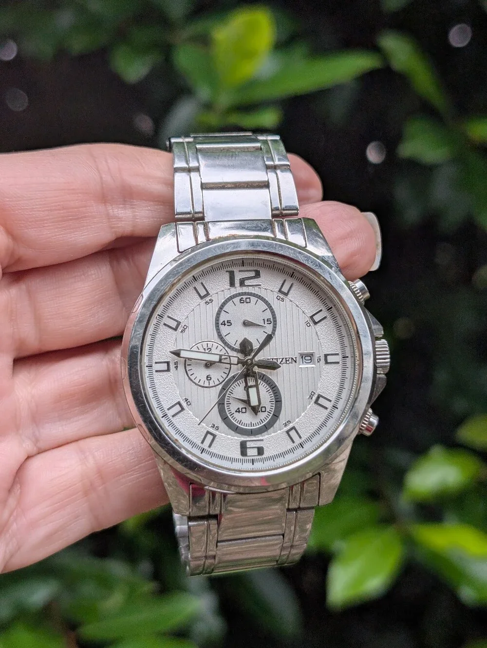 Citizen Silver Tone Chronograph Stainless Steel Mens Sports Watch 7.5 Inch Band